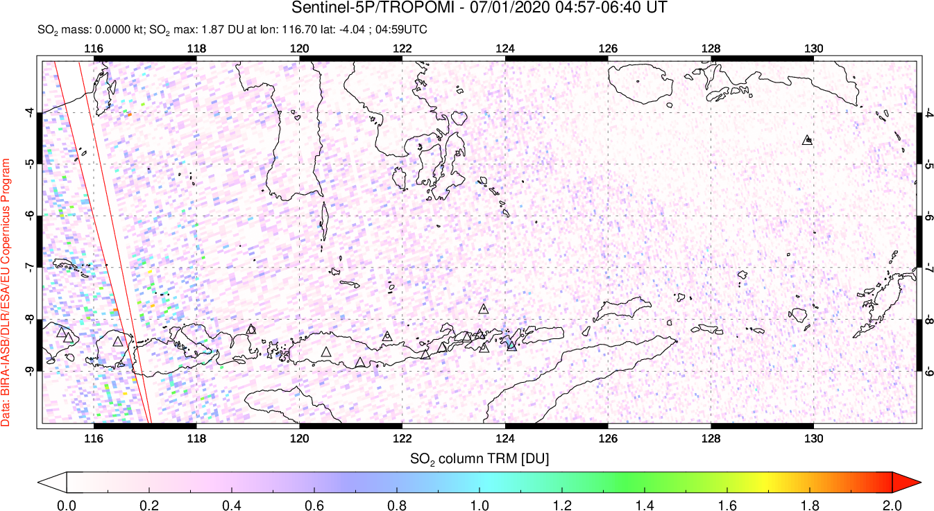 A sulfur dioxide image over Lesser Sunda Islands, Indonesia on Jul 01, 2020.