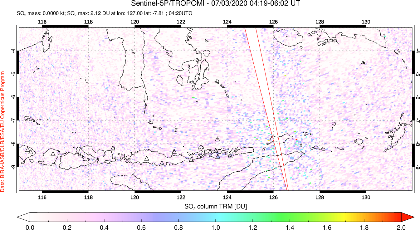A sulfur dioxide image over Lesser Sunda Islands, Indonesia on Jul 03, 2020.