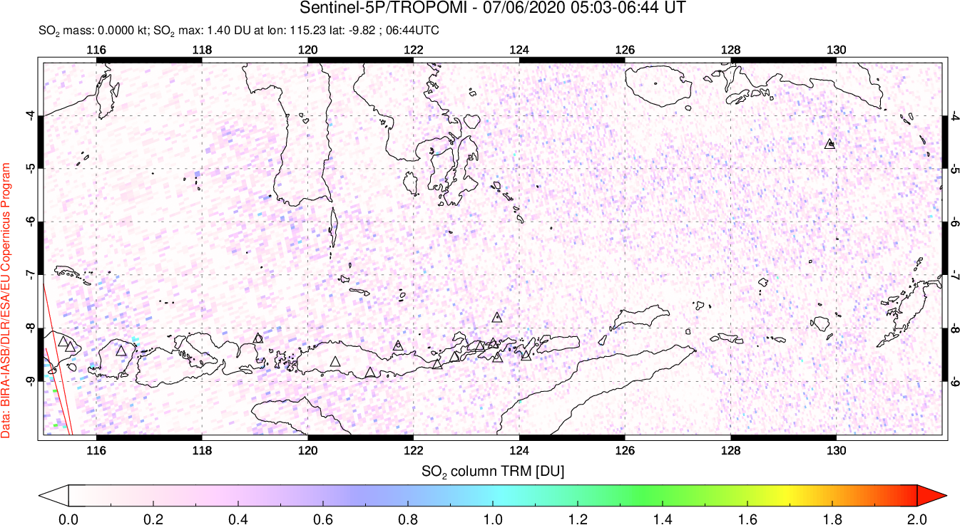 A sulfur dioxide image over Lesser Sunda Islands, Indonesia on Jul 06, 2020.