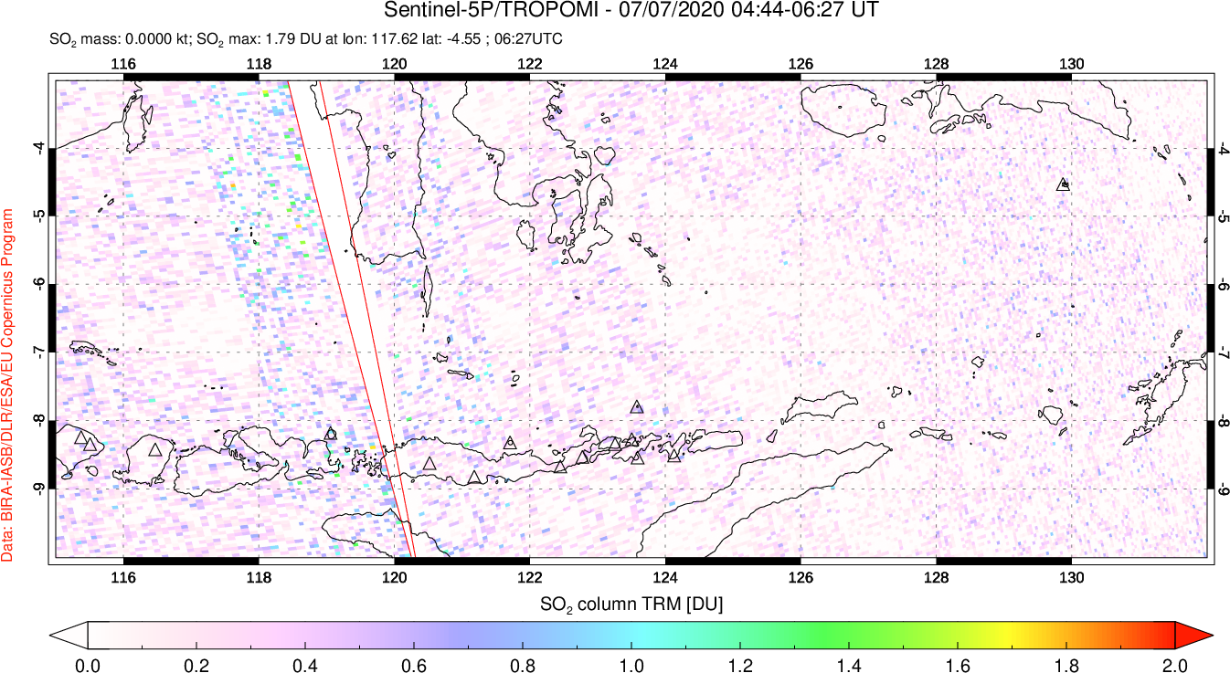 A sulfur dioxide image over Lesser Sunda Islands, Indonesia on Jul 07, 2020.