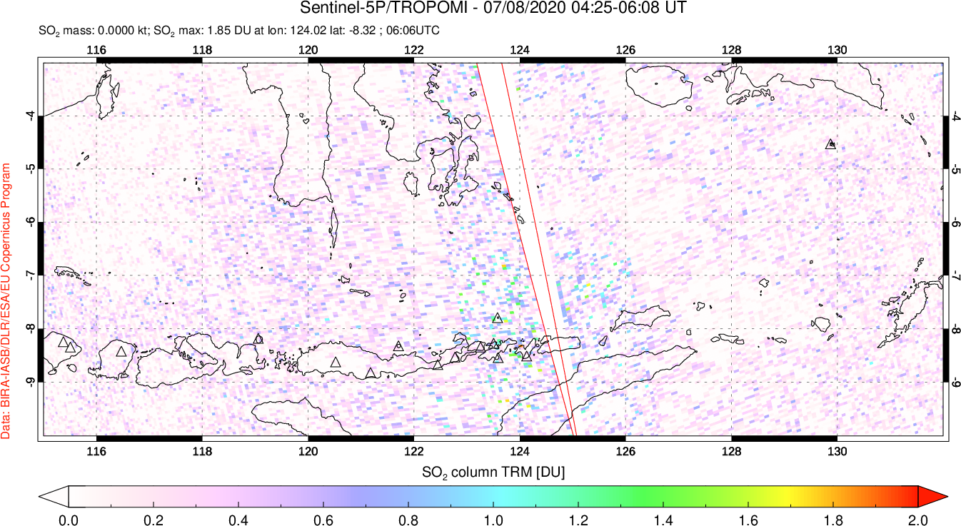 A sulfur dioxide image over Lesser Sunda Islands, Indonesia on Jul 08, 2020.