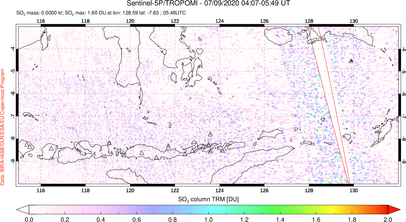 A sulfur dioxide image over Lesser Sunda Islands, Indonesia on Jul 09, 2020.