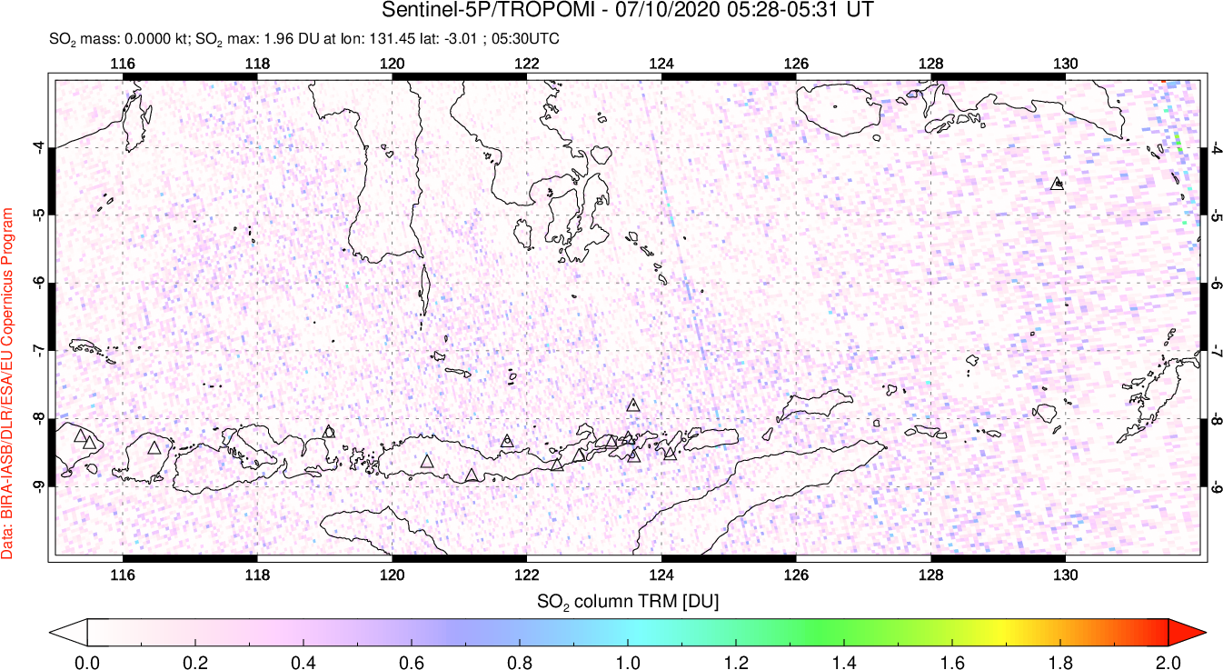 A sulfur dioxide image over Lesser Sunda Islands, Indonesia on Jul 10, 2020.