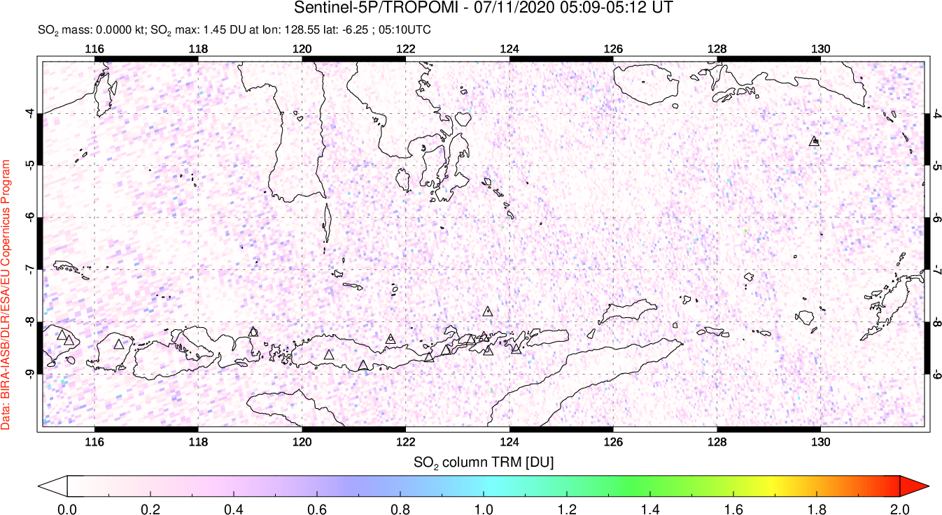 A sulfur dioxide image over Lesser Sunda Islands, Indonesia on Jul 11, 2020.