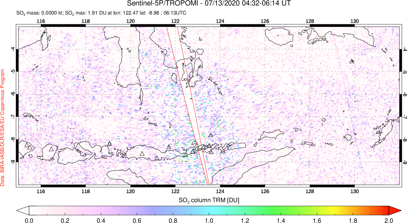 A sulfur dioxide image over Lesser Sunda Islands, Indonesia on Jul 13, 2020.