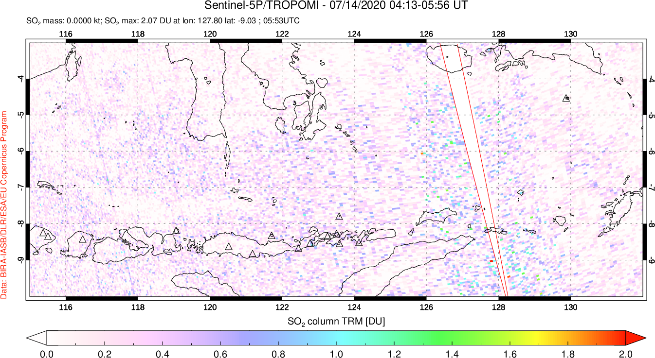 A sulfur dioxide image over Lesser Sunda Islands, Indonesia on Jul 14, 2020.