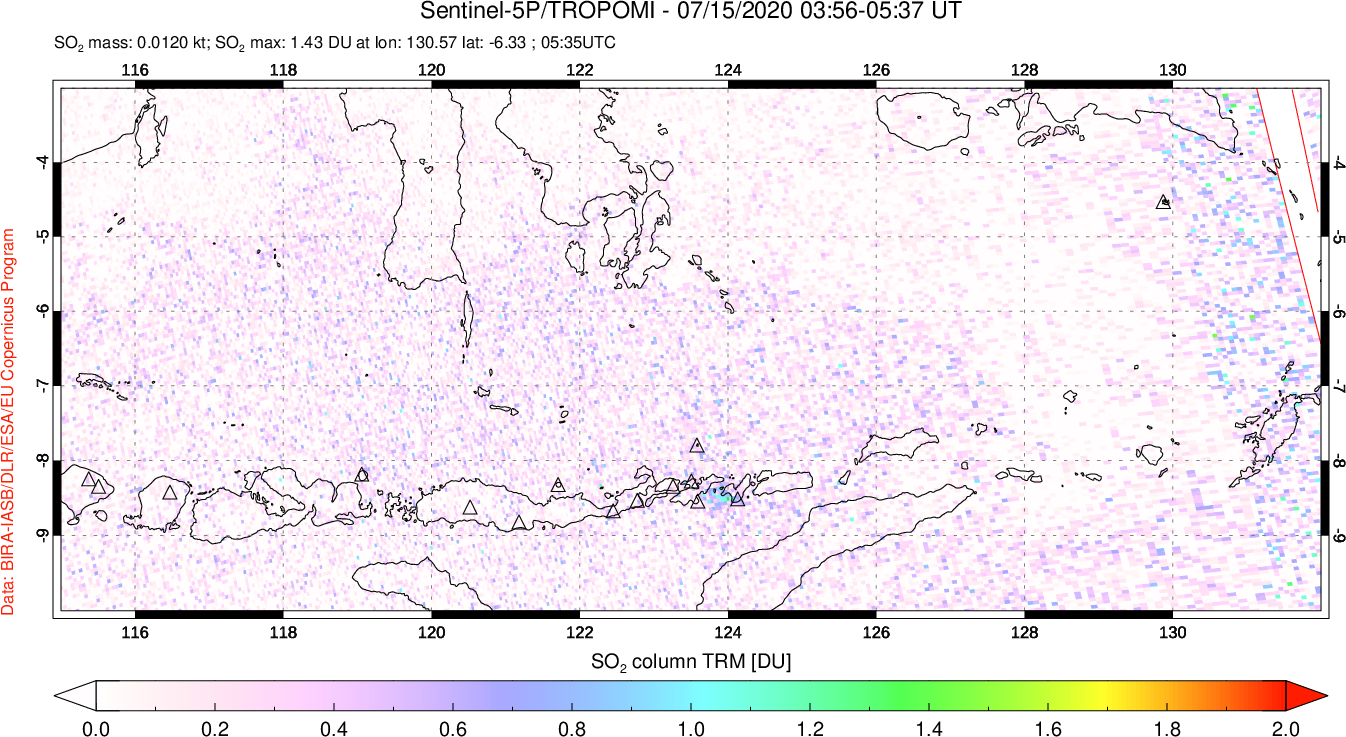 A sulfur dioxide image over Lesser Sunda Islands, Indonesia on Jul 15, 2020.