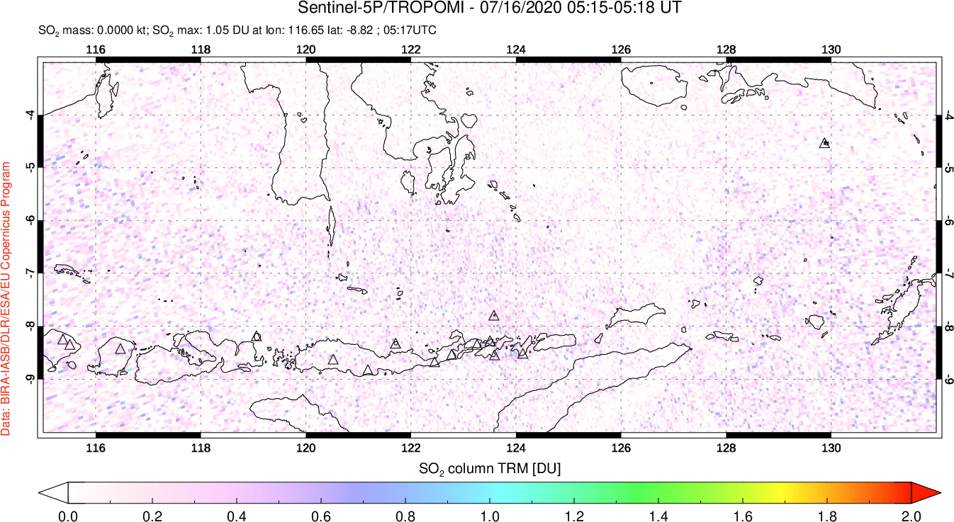 A sulfur dioxide image over Lesser Sunda Islands, Indonesia on Jul 16, 2020.
