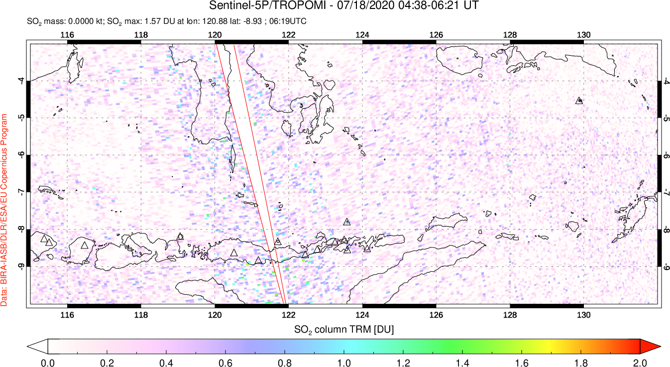 A sulfur dioxide image over Lesser Sunda Islands, Indonesia on Jul 18, 2020.