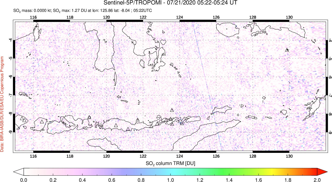 A sulfur dioxide image over Lesser Sunda Islands, Indonesia on Jul 21, 2020.
