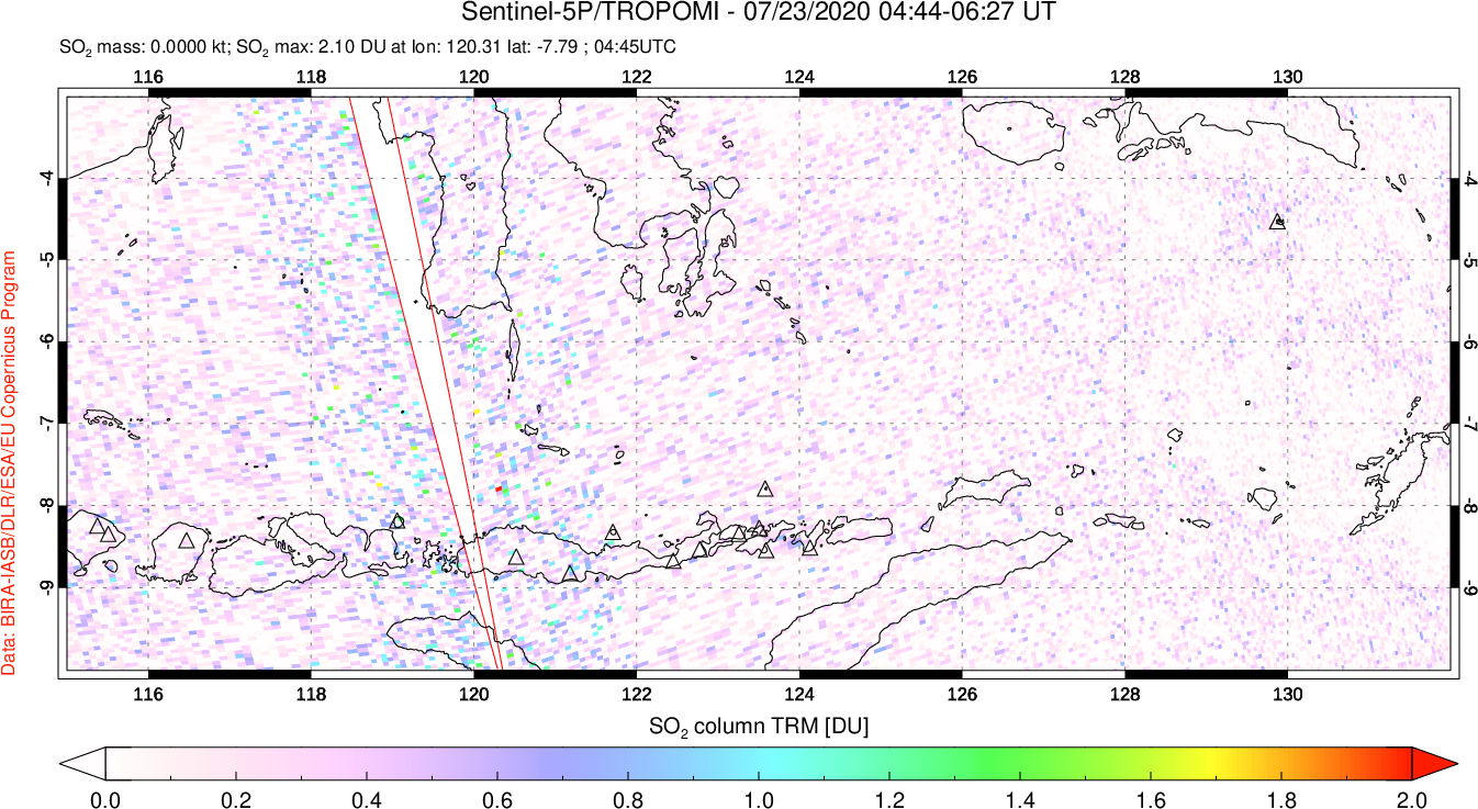 A sulfur dioxide image over Lesser Sunda Islands, Indonesia on Jul 23, 2020.