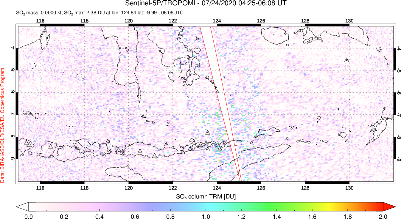 A sulfur dioxide image over Lesser Sunda Islands, Indonesia on Jul 24, 2020.