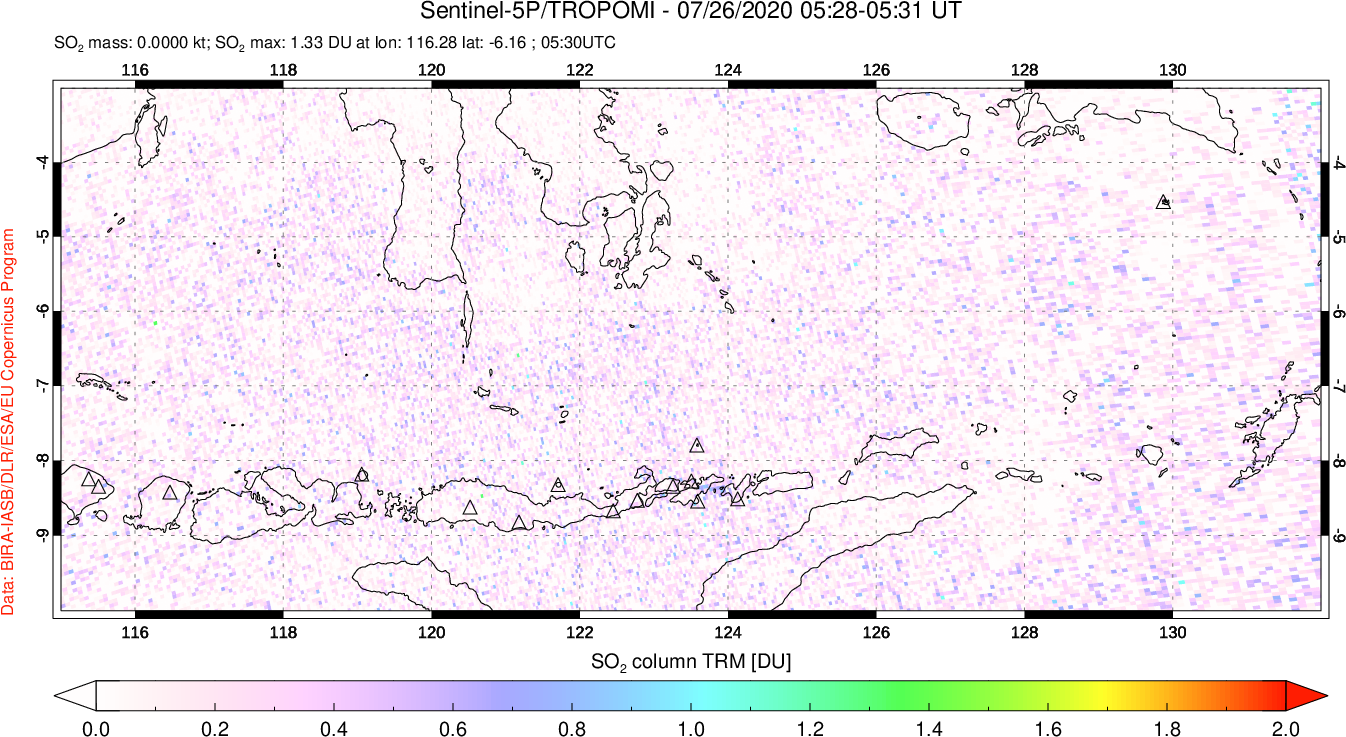 A sulfur dioxide image over Lesser Sunda Islands, Indonesia on Jul 26, 2020.