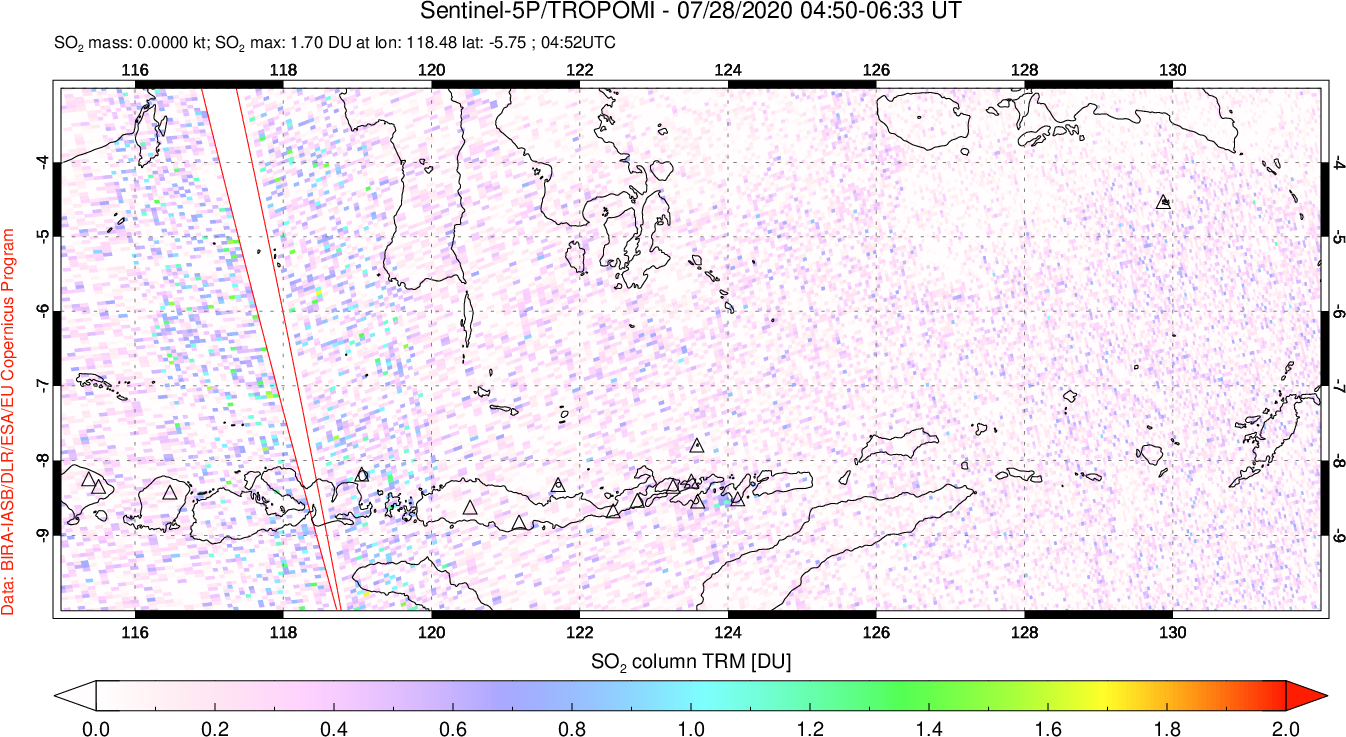A sulfur dioxide image over Lesser Sunda Islands, Indonesia on Jul 28, 2020.