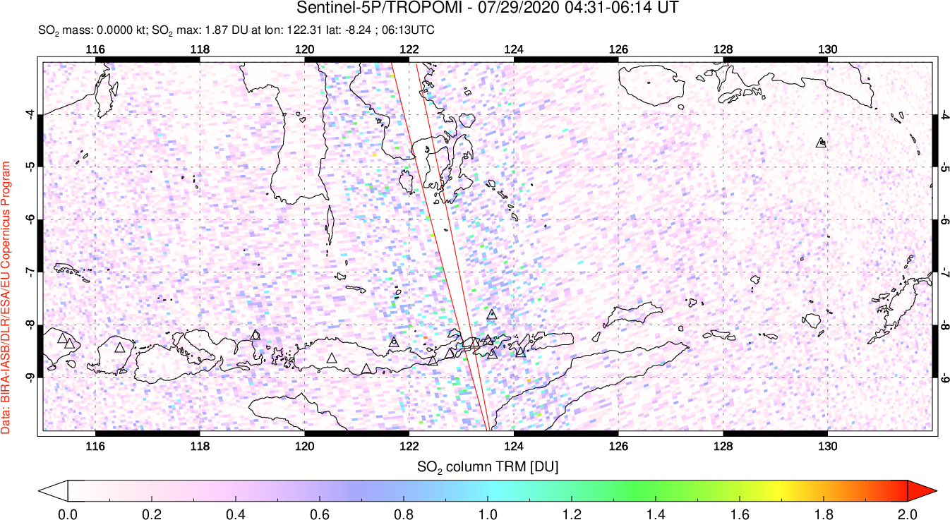 A sulfur dioxide image over Lesser Sunda Islands, Indonesia on Jul 29, 2020.