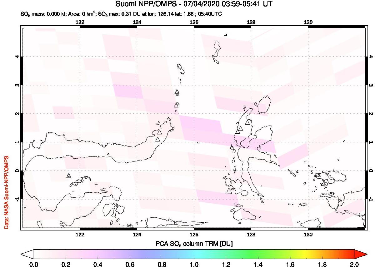 A sulfur dioxide image over Northern Sulawesi & Halmahera, Indonesia on Jul 04, 2020.