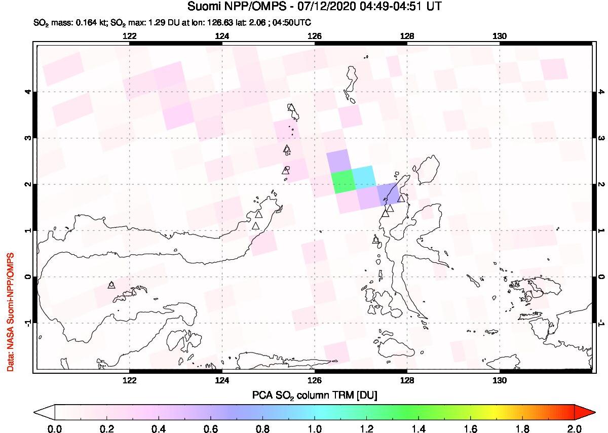 A sulfur dioxide image over Northern Sulawesi & Halmahera, Indonesia on Jul 12, 2020.