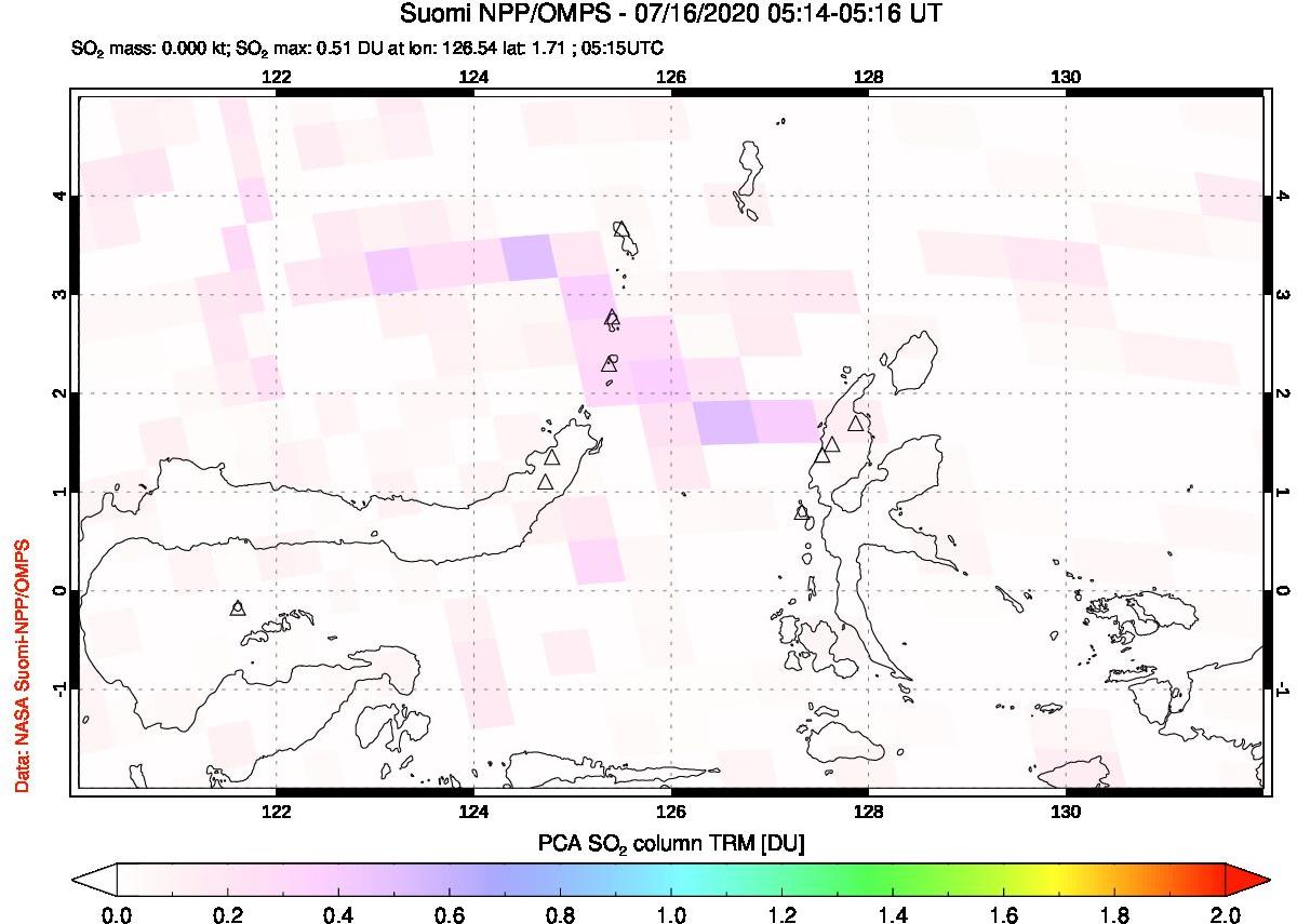 A sulfur dioxide image over Northern Sulawesi & Halmahera, Indonesia on Jul 16, 2020.