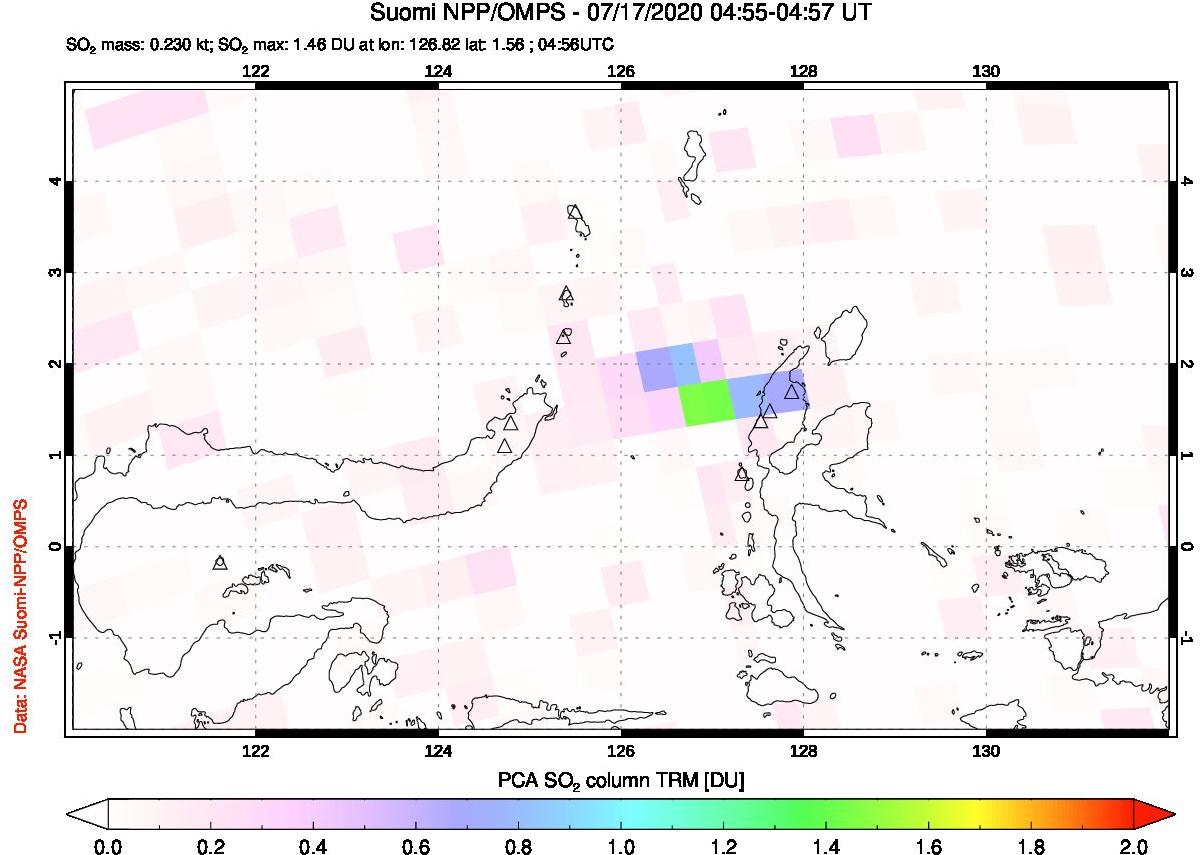 A sulfur dioxide image over Northern Sulawesi & Halmahera, Indonesia on Jul 17, 2020.