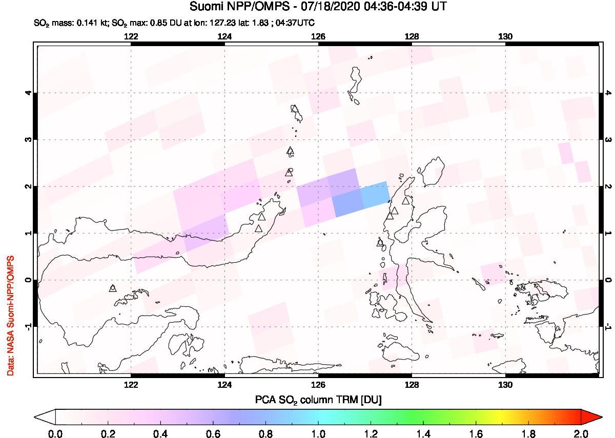 A sulfur dioxide image over Northern Sulawesi & Halmahera, Indonesia on Jul 18, 2020.