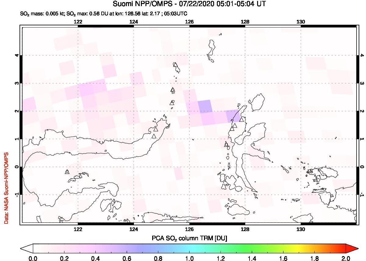 A sulfur dioxide image over Northern Sulawesi & Halmahera, Indonesia on Jul 22, 2020.
