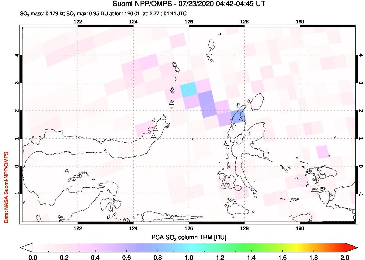 A sulfur dioxide image over Northern Sulawesi & Halmahera, Indonesia on Jul 23, 2020.