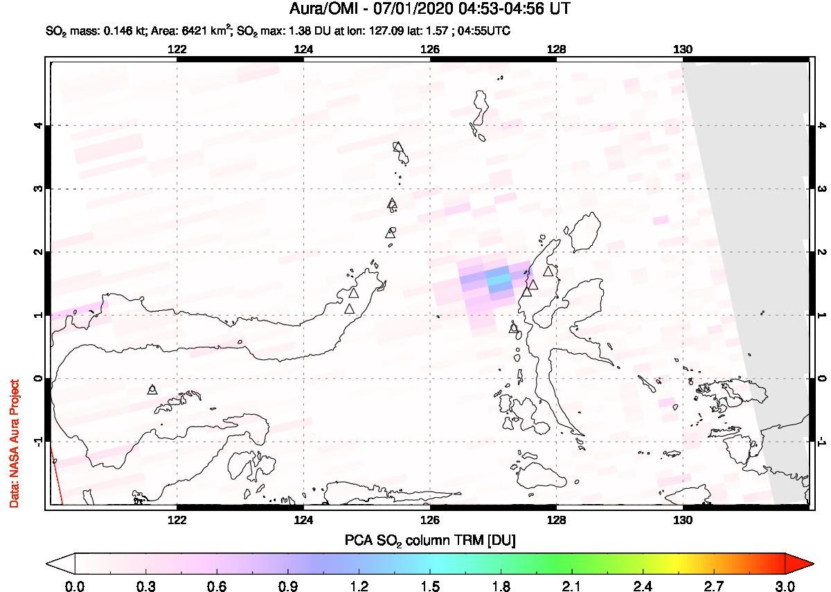 A sulfur dioxide image over Northern Sulawesi & Halmahera, Indonesia on Jul 01, 2020.