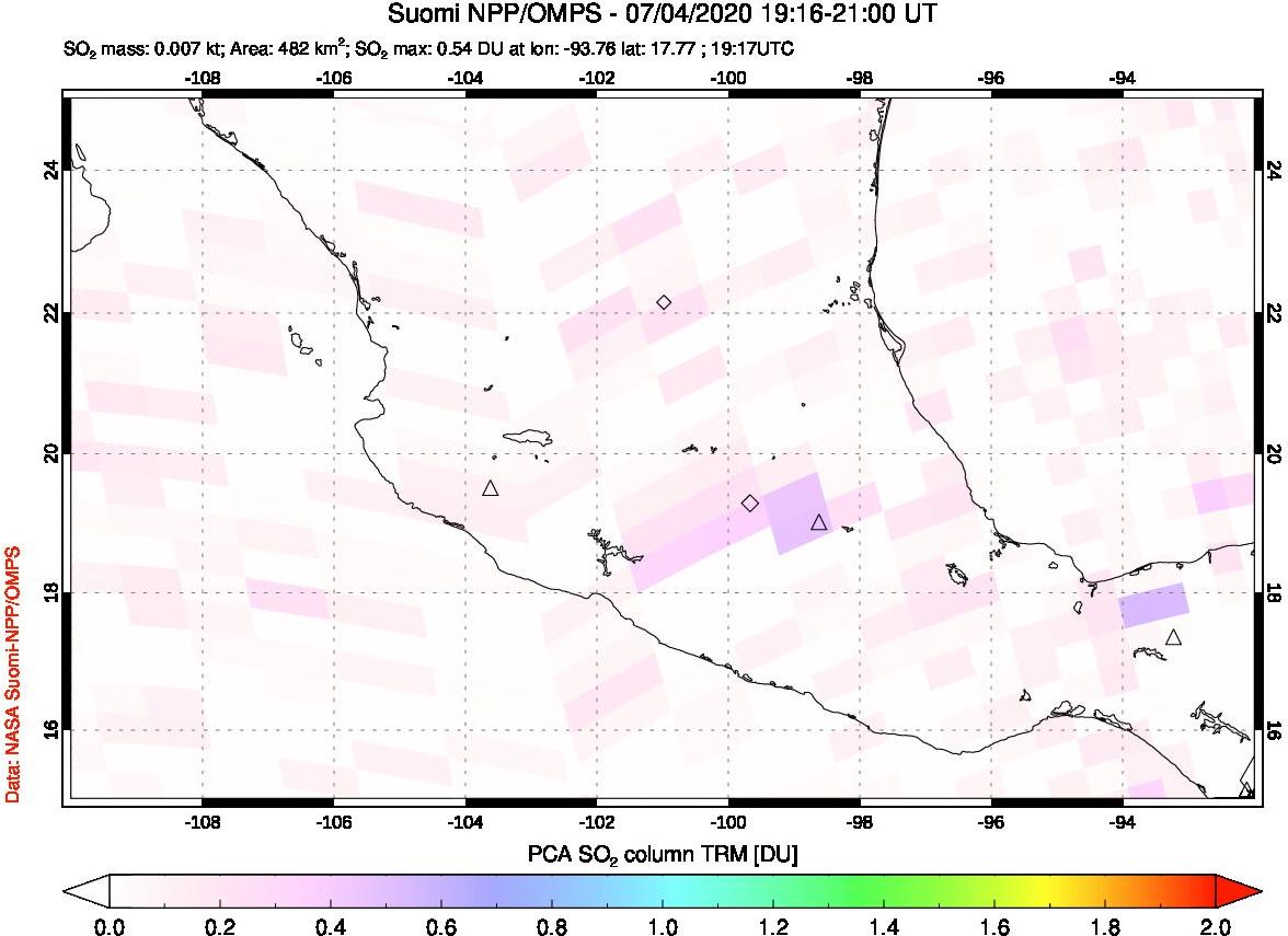 A sulfur dioxide image over Mexico on Jul 04, 2020.