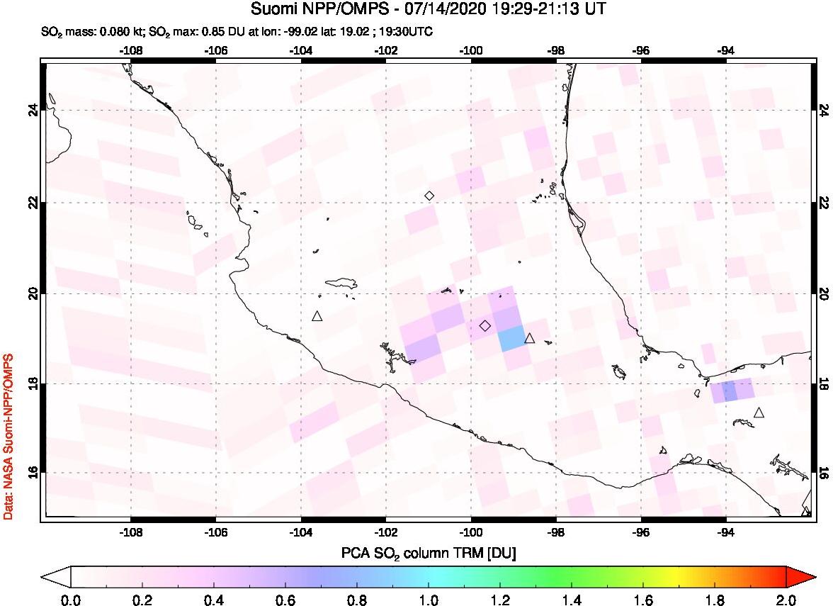 A sulfur dioxide image over Mexico on Jul 14, 2020.