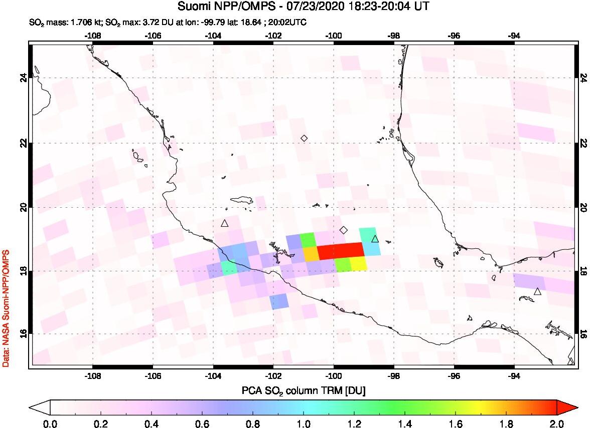 A sulfur dioxide image over Mexico on Jul 23, 2020.