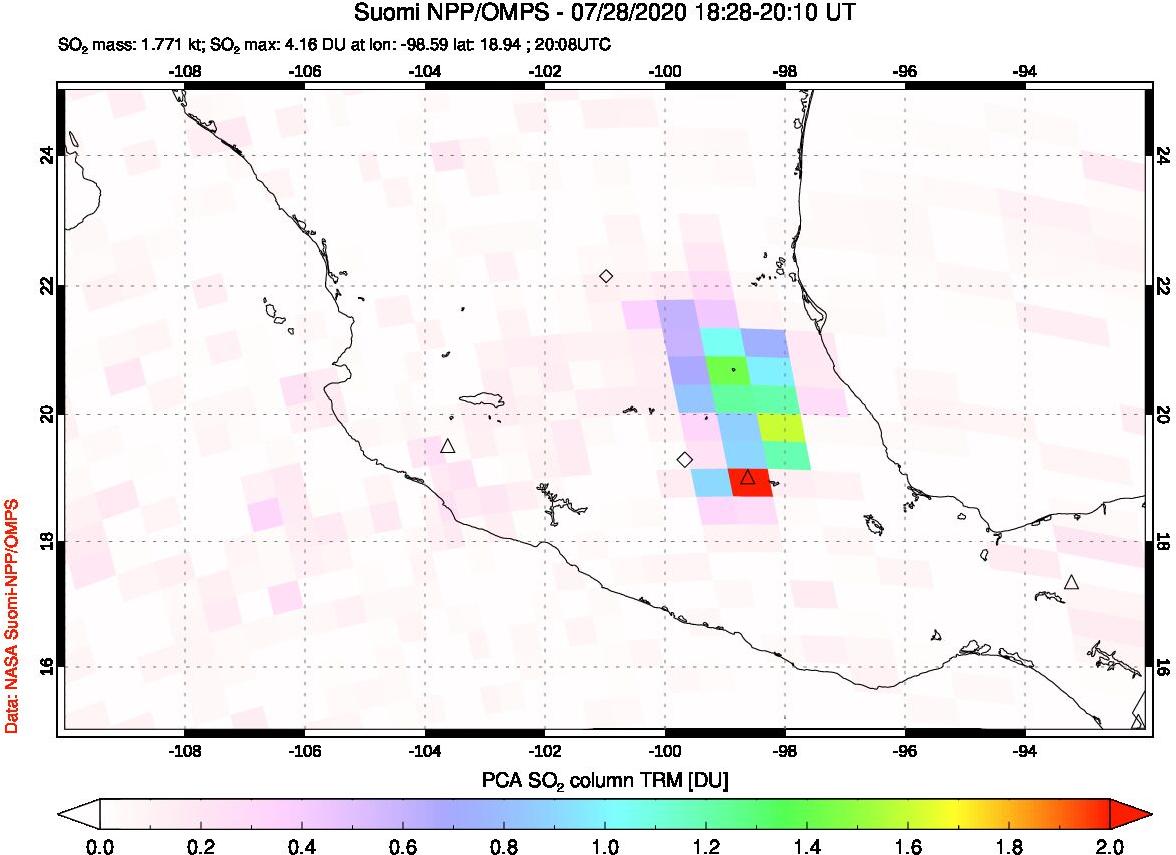 A sulfur dioxide image over Mexico on Jul 28, 2020.