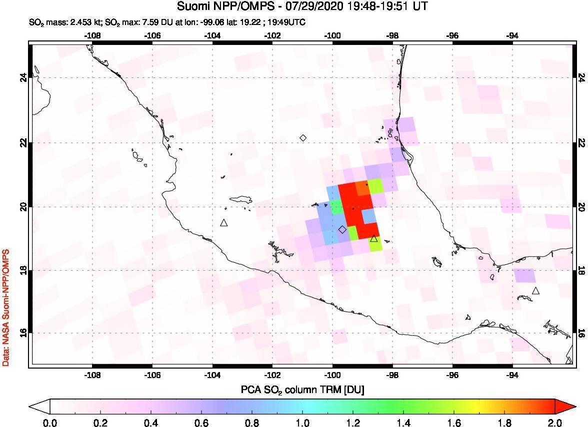 A sulfur dioxide image over Mexico on Jul 29, 2020.
