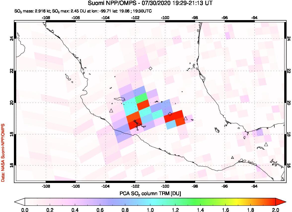 A sulfur dioxide image over Mexico on Jul 30, 2020.