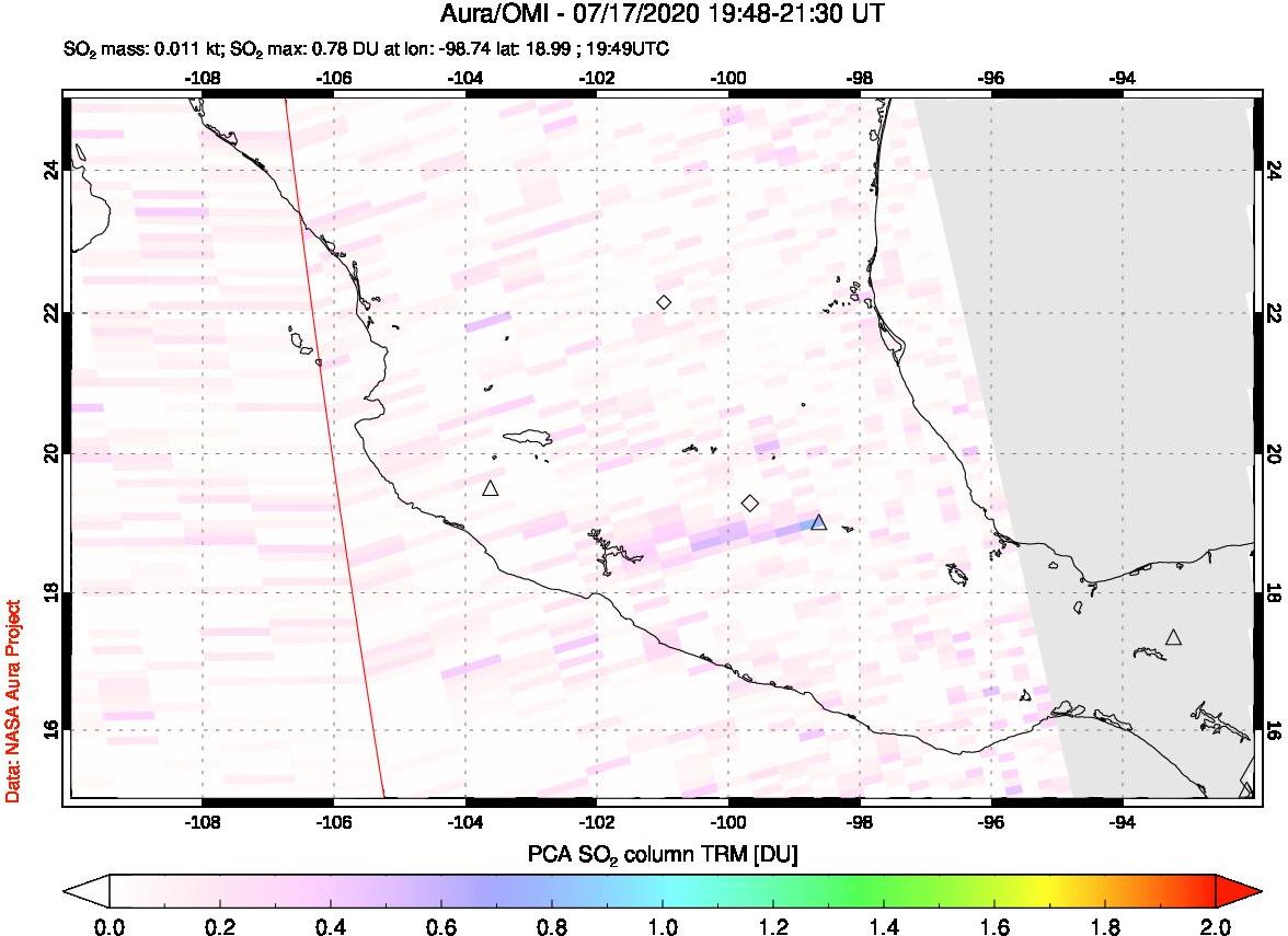 A sulfur dioxide image over Mexico on Jul 17, 2020.