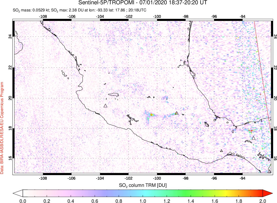 A sulfur dioxide image over Mexico on Jul 01, 2020.