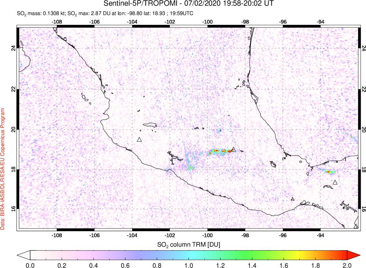 A sulfur dioxide image over Mexico on Jul 02, 2020.