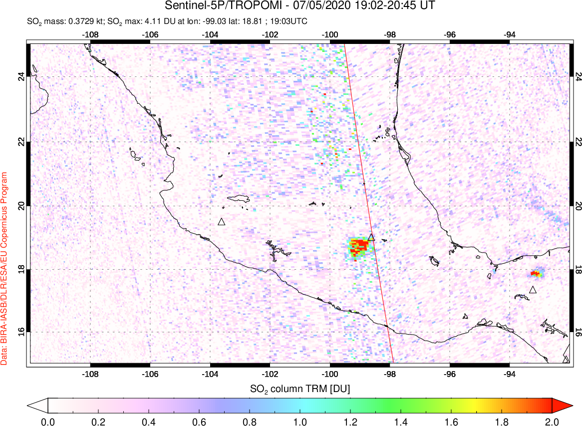 A sulfur dioxide image over Mexico on Jul 05, 2020.