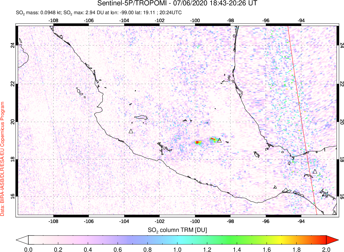 A sulfur dioxide image over Mexico on Jul 06, 2020.