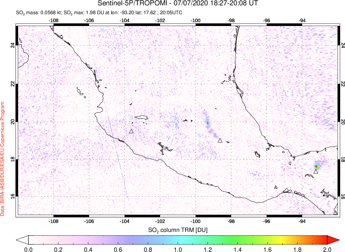 A sulfur dioxide image over Mexico on Jul 07, 2020.