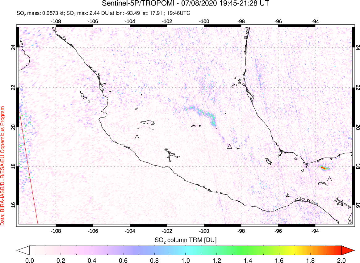 A sulfur dioxide image over Mexico on Jul 08, 2020.