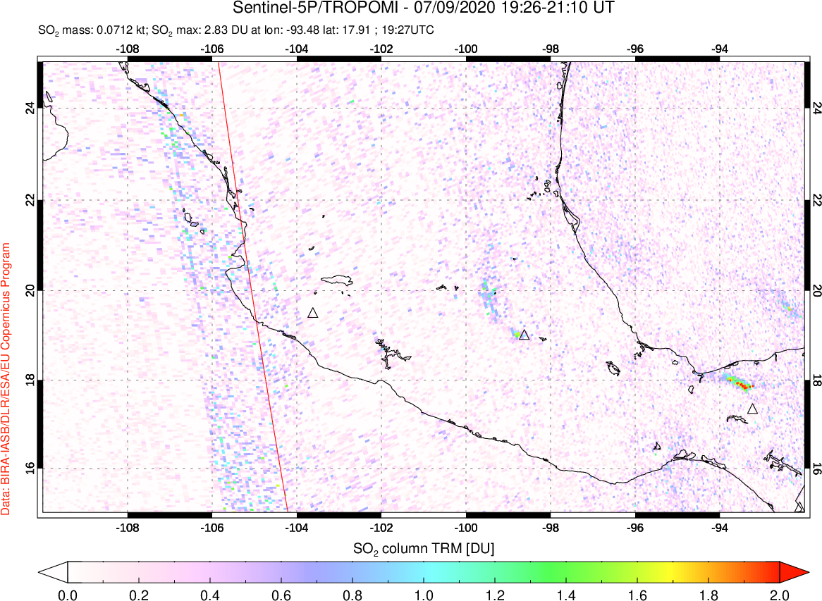 A sulfur dioxide image over Mexico on Jul 09, 2020.