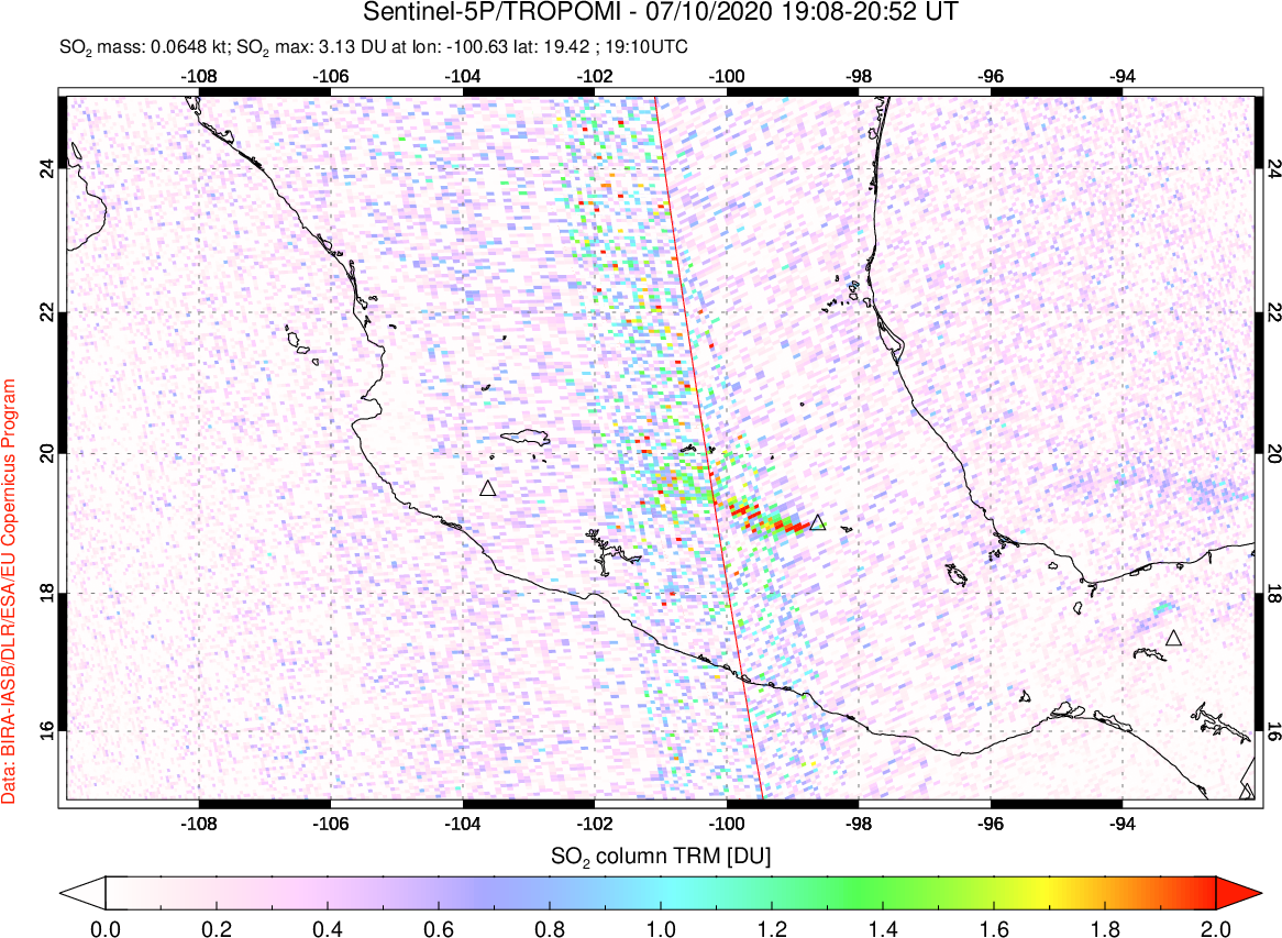 A sulfur dioxide image over Mexico on Jul 10, 2020.