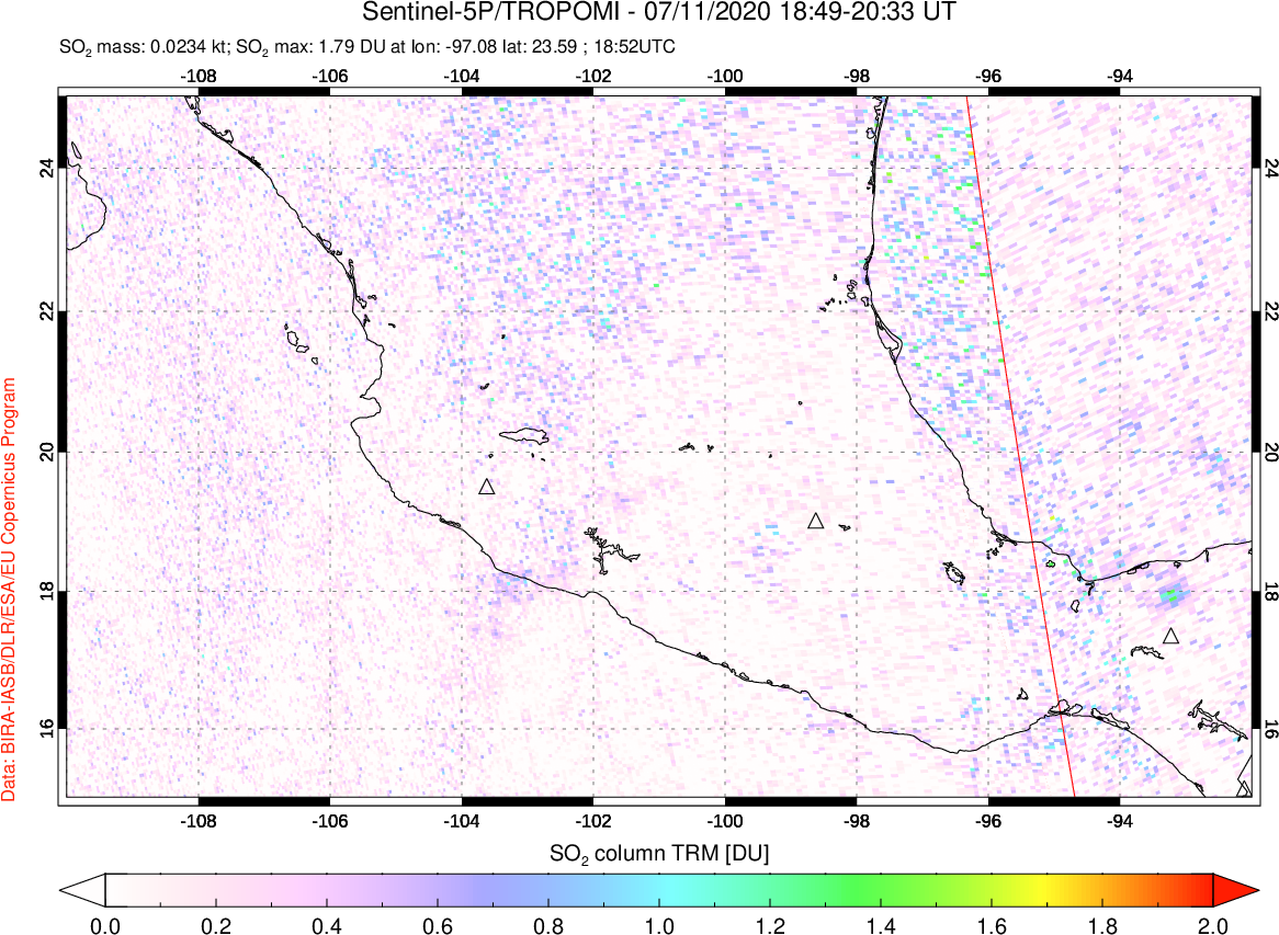 A sulfur dioxide image over Mexico on Jul 11, 2020.