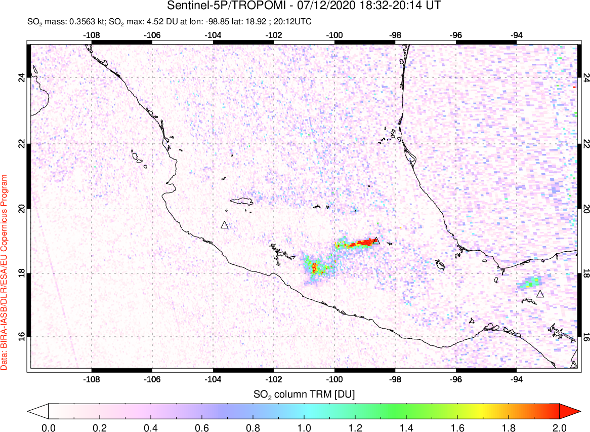 A sulfur dioxide image over Mexico on Jul 12, 2020.