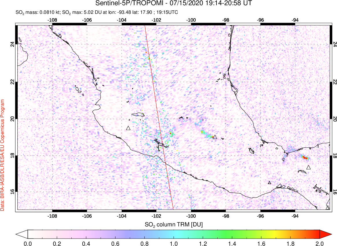 A sulfur dioxide image over Mexico on Jul 15, 2020.