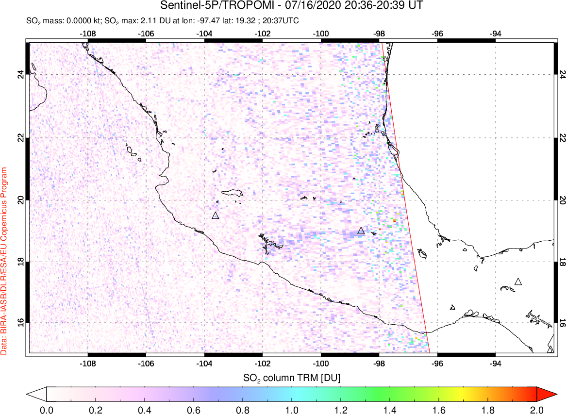 A sulfur dioxide image over Mexico on Jul 16, 2020.