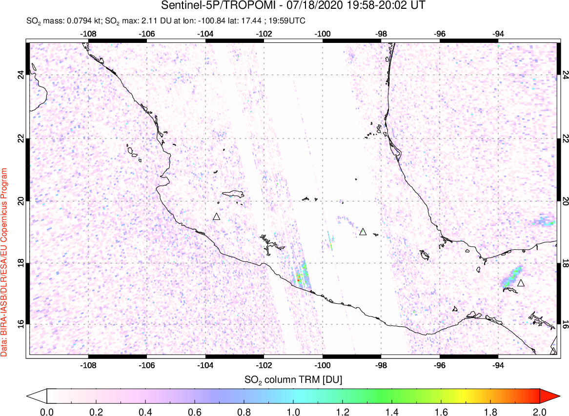 A sulfur dioxide image over Mexico on Jul 18, 2020.