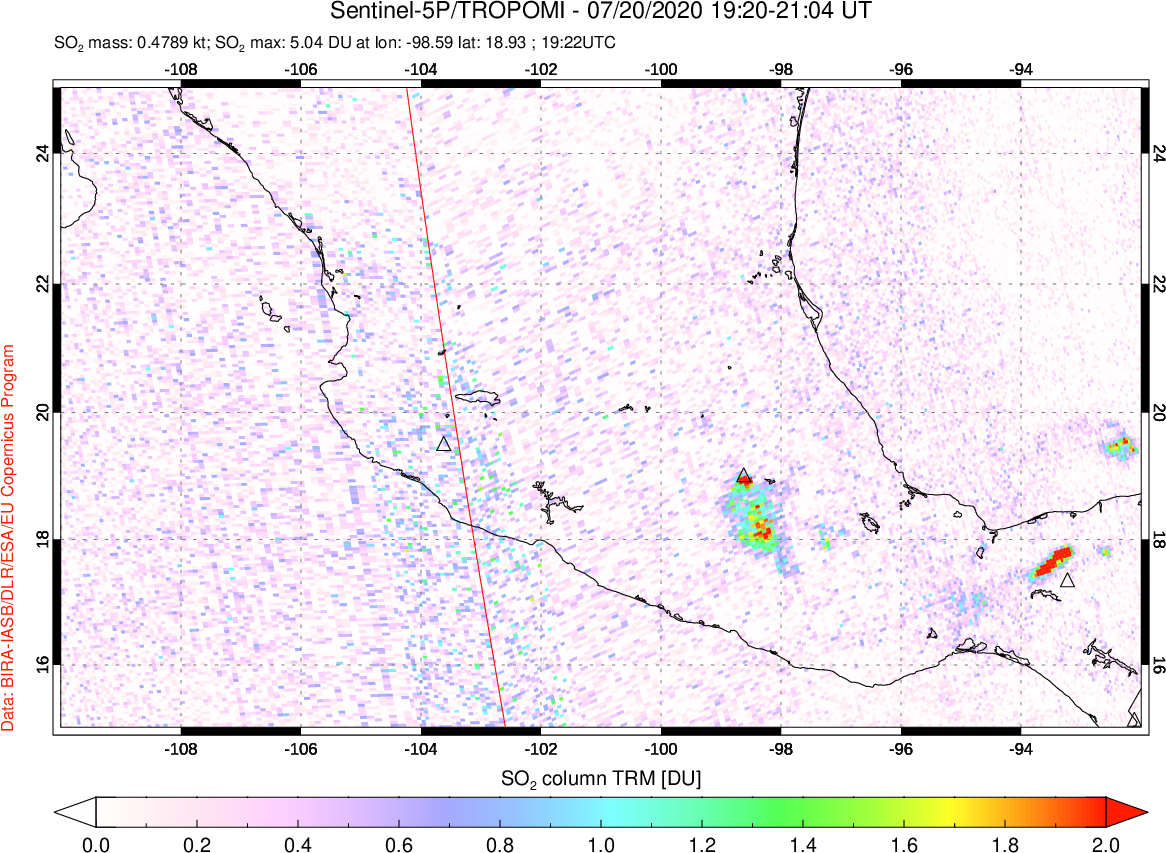 A sulfur dioxide image over Mexico on Jul 20, 2020.