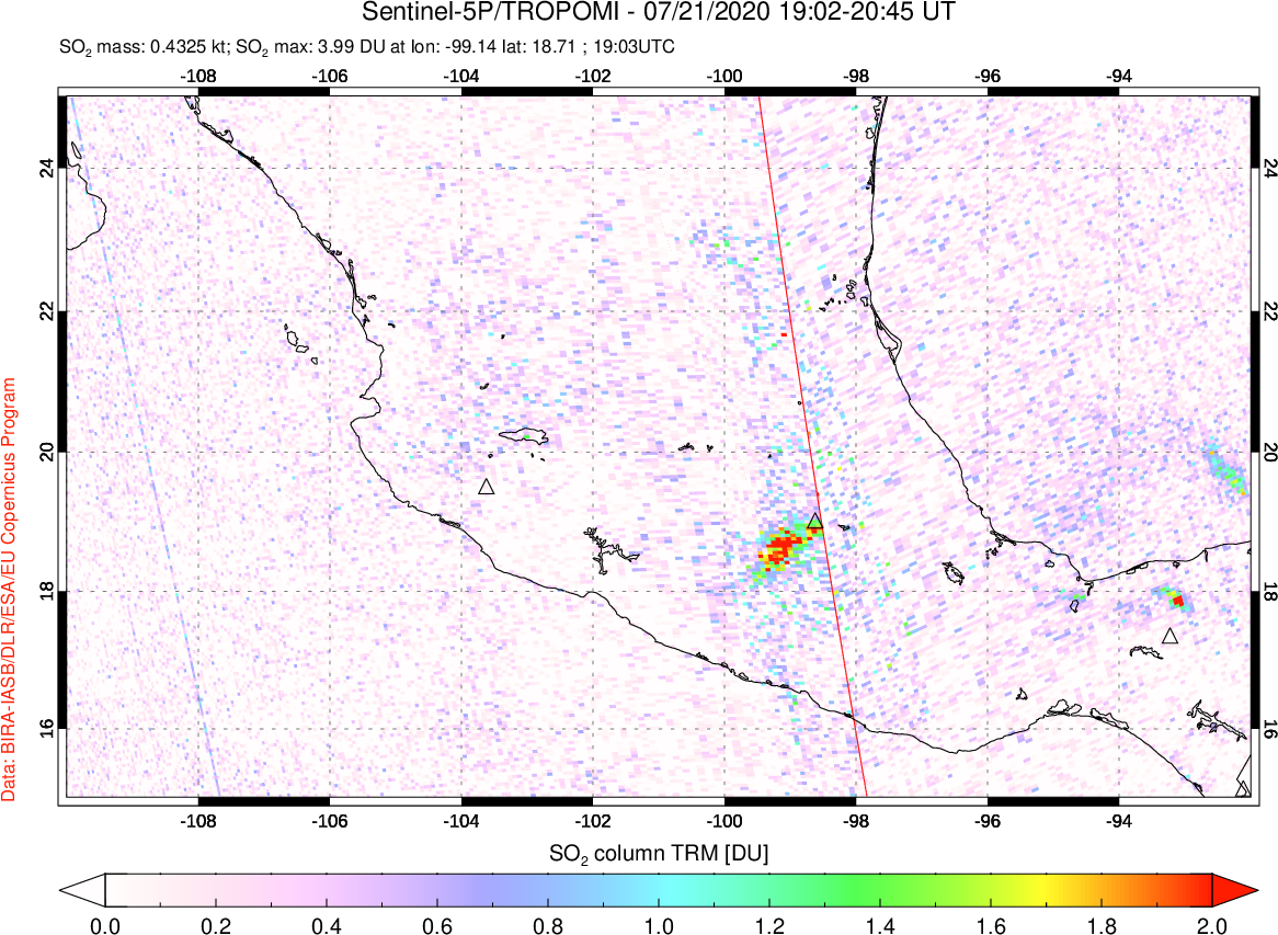 A sulfur dioxide image over Mexico on Jul 21, 2020.