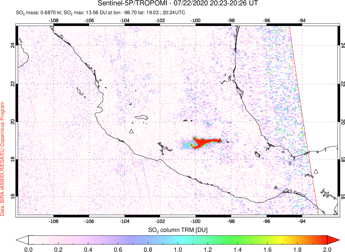 A sulfur dioxide image over Mexico on Jul 22, 2020.
